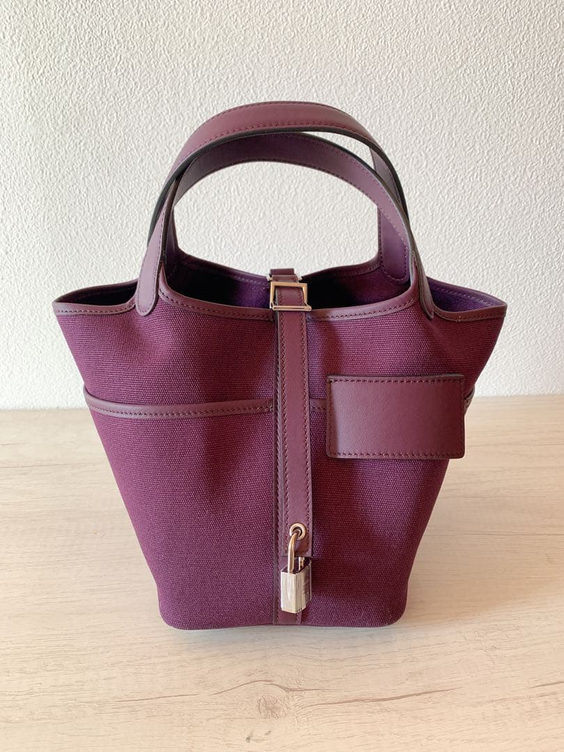 パープル 高級本革 キャンバス トリヨン バケツ キューブバッグ PM