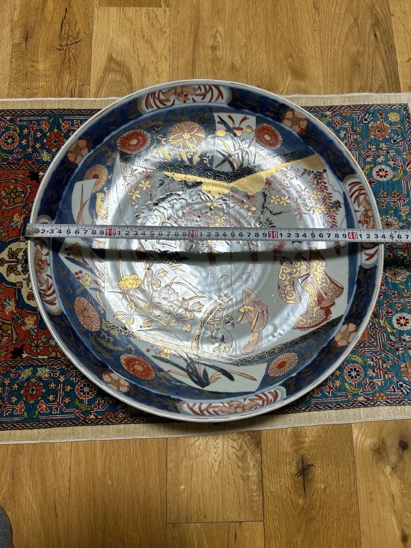 江戸時代　元禄　伊万里色絵窓抜美人花鳥図大飾皿