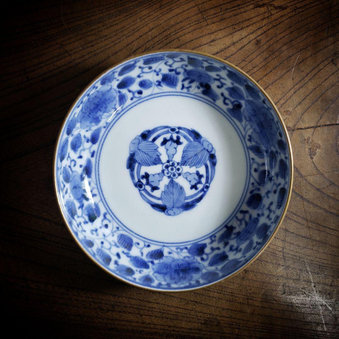 なます皿　古伊万里　染付　江戸　花唐草　五弁花　蛇の目　渦福　イ号　訳あり