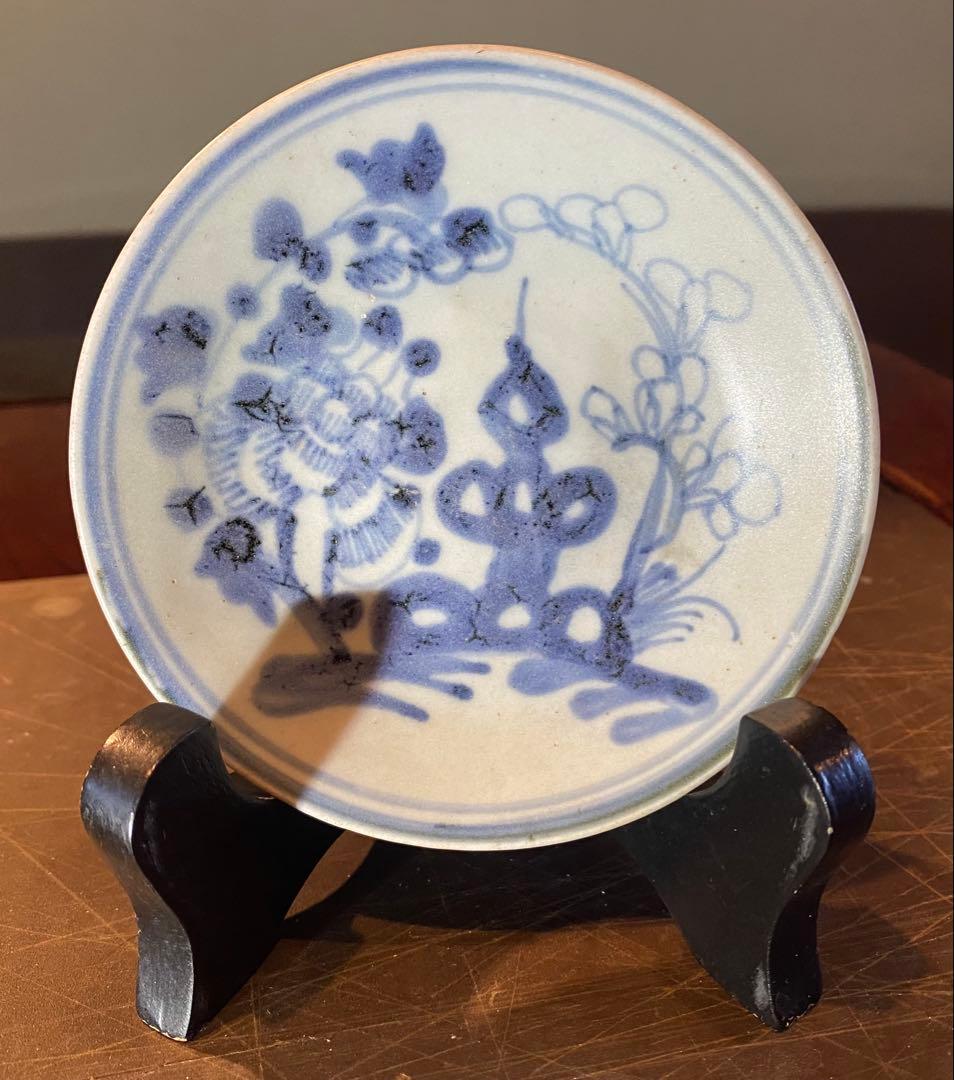 福建省徳化窯　染付絵皿　鑑賞台付 　 　　沈船品　ヴィンテージ　レア ・台湾茶器