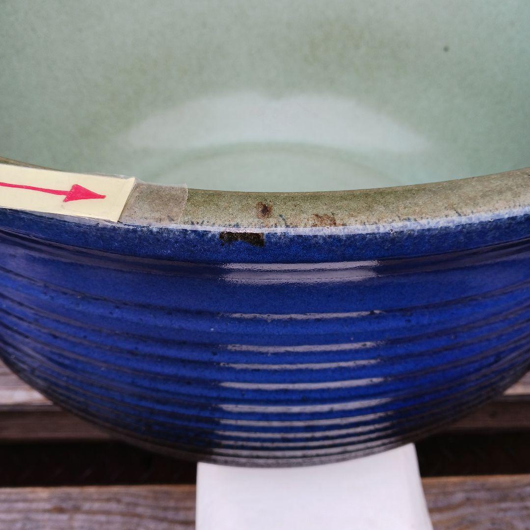新品　∅50　陶器　睡蓮鉢　特大　難有　メダカ鉢　手造り　青＆緑色　高級　LLB