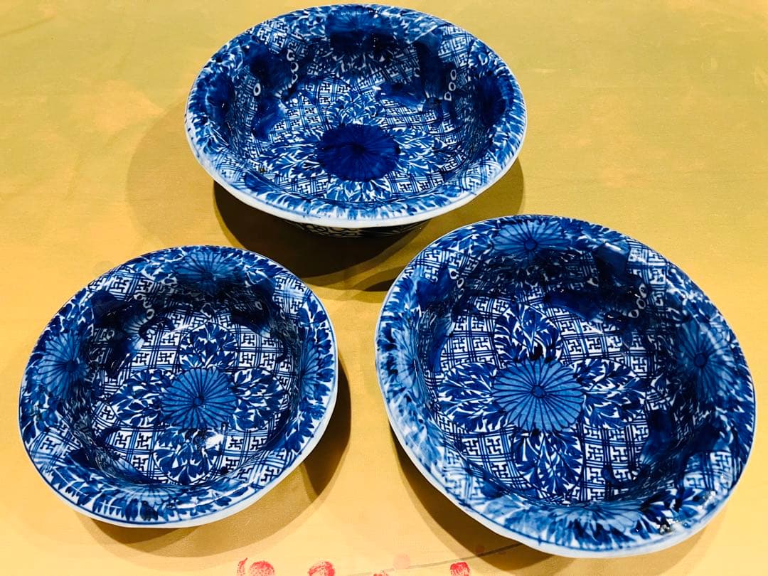 古伊万里 アンティーク 染付 三ツ揃 鉢 皿 時代物 蔵出し 骨董 ベロ藍