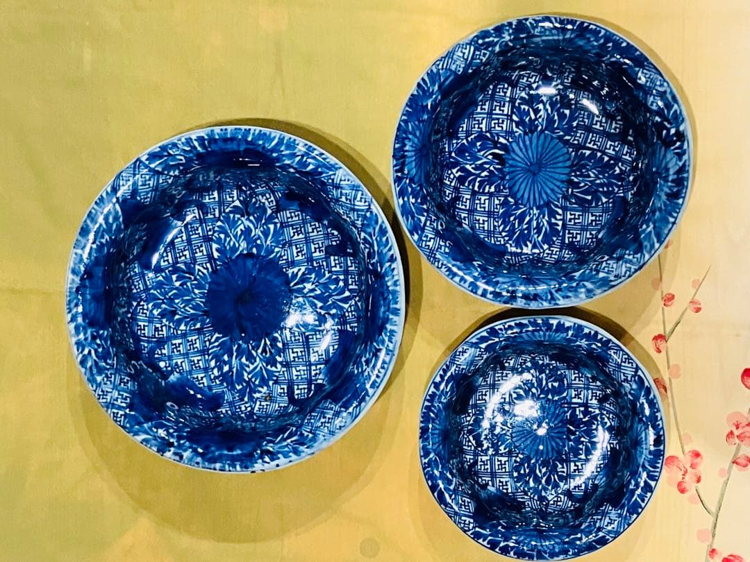 古伊万里 アンティーク 染付 三ツ揃 鉢 皿 時代物 蔵出し 骨董 ベロ藍