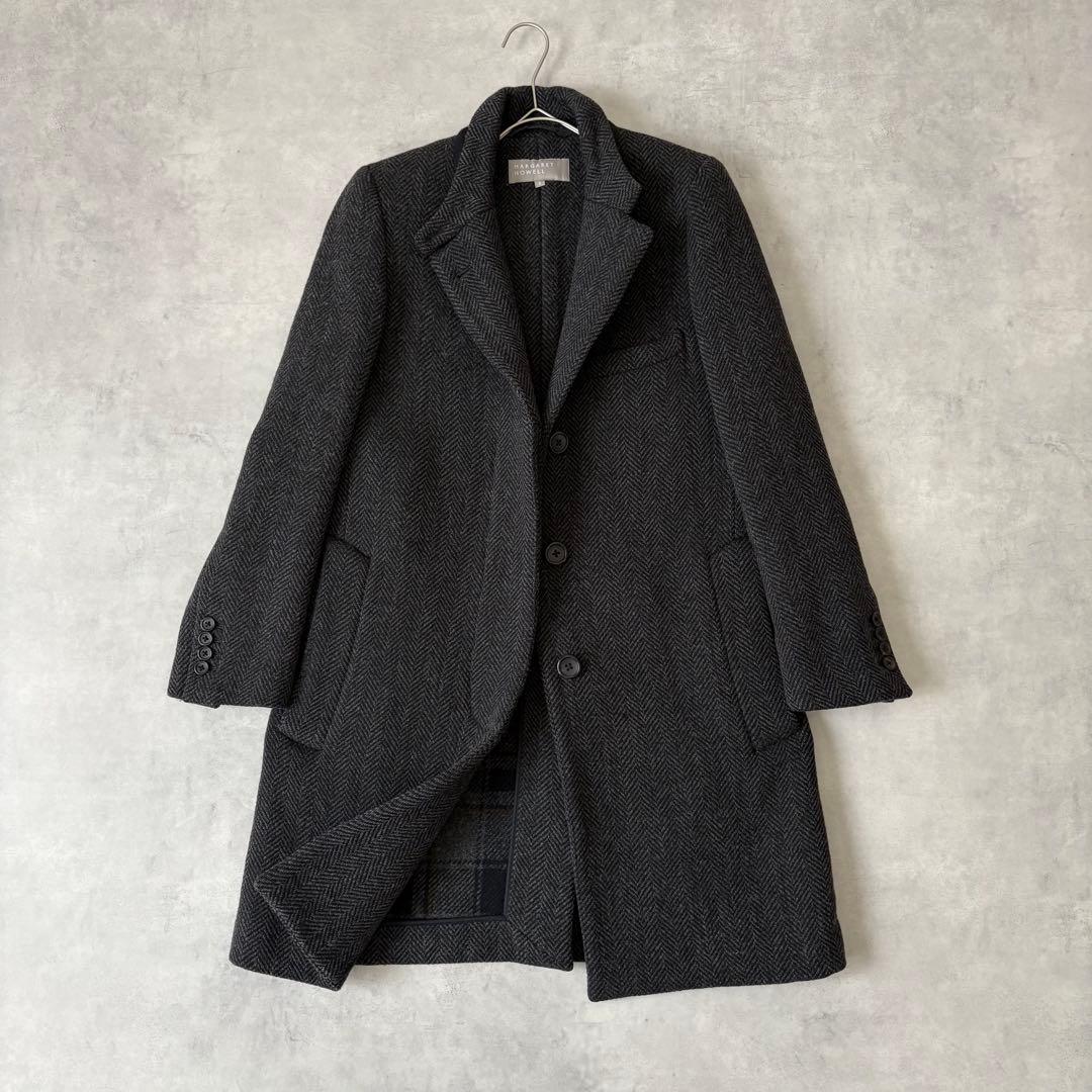 マーガレットハウエル ヘリンボーン ウールコート グレー Ⅱ 比翼ボタン