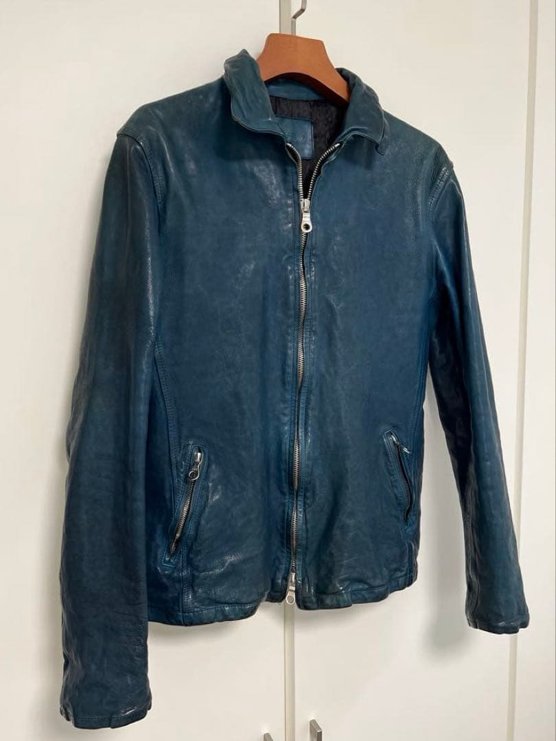 BACKLASH ジャパンカーフ襟付きシングルライダース サイズL 青色