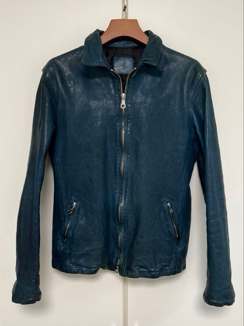 BACKLASH ジャパンカーフ襟付きシングルライダース サイズL 青色