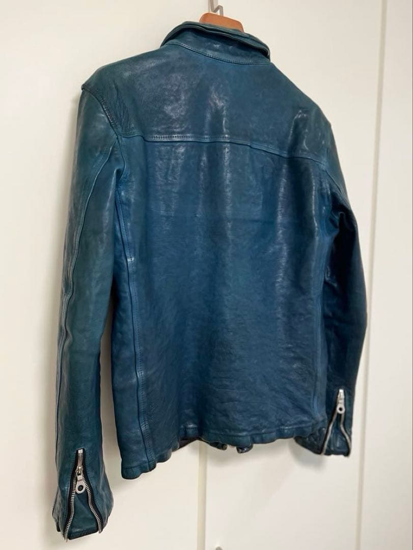 BACKLASH ジャパンカーフ襟付きシングルライダース サイズL 青色