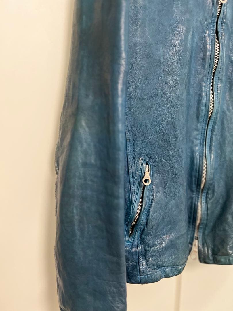 BACKLASH ジャパンカーフ襟付きシングルライダース サイズL 青色