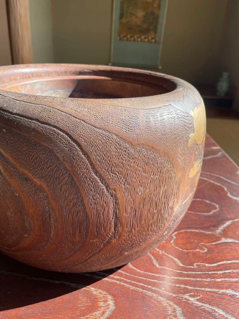 希少　木製火鉢 金箔装飾 花柄デザイン　１００年前　骨董品