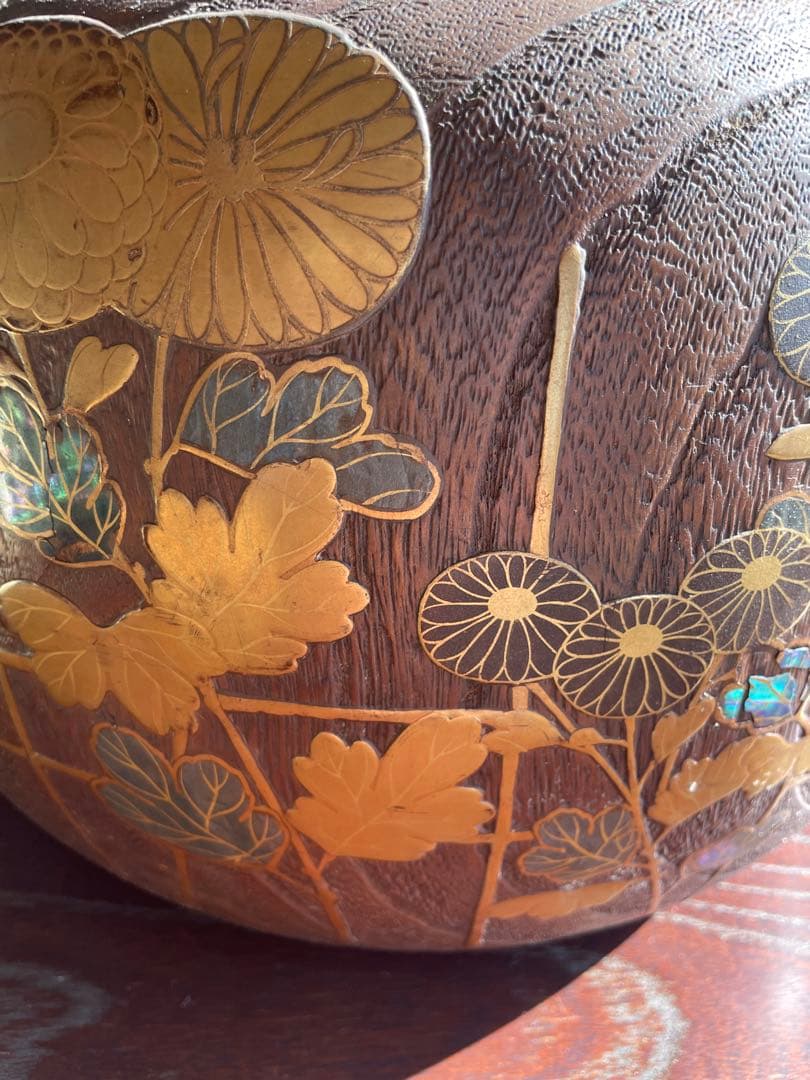希少　木製火鉢 金箔装飾 花柄デザイン　１００年前　骨董品