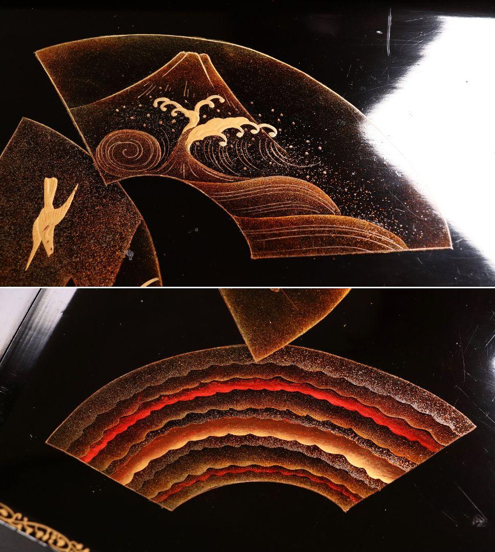 時代 広蓋 二枚組 59.1cm 扇面めでた図蒔絵 長方盆 木製【MA278】