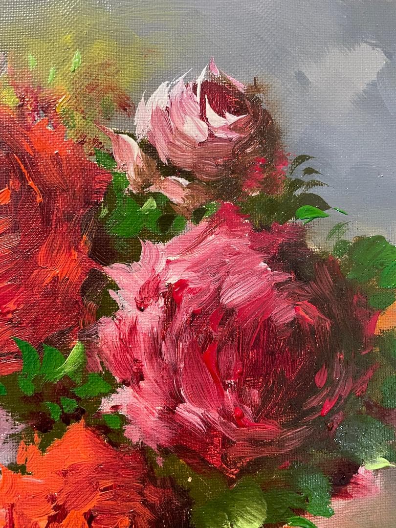 ぽ*り様 「真作」岸本芳雄「ばら」静物画　油彩画　額装　サイン有り　F6号