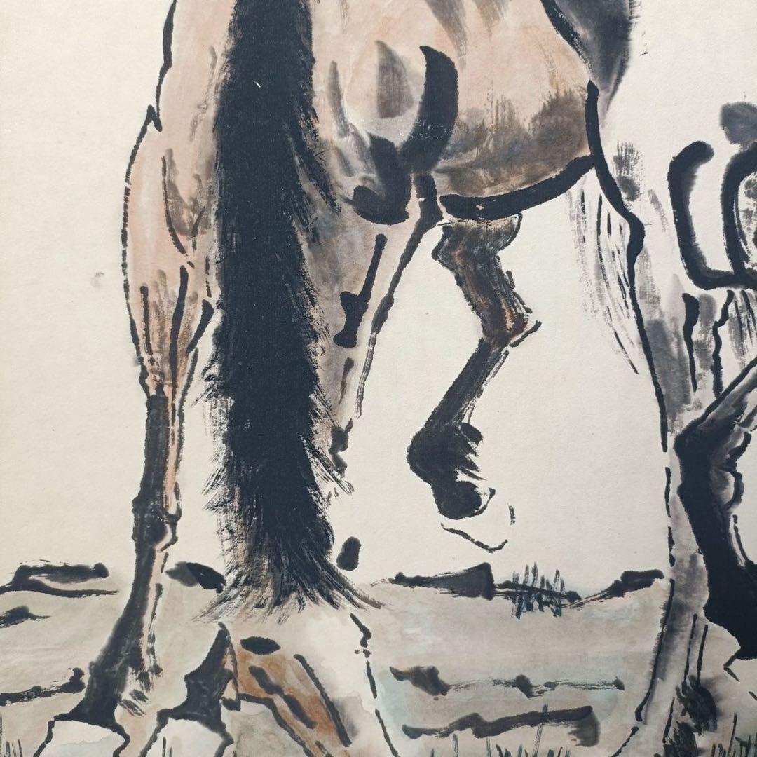 徐悲鴻 双駿図 三尺中堂　掛軸　防偽標識あり　70×173cm