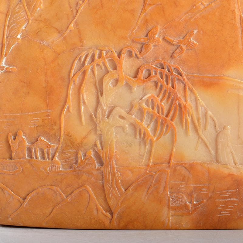 中国　玉石彫刻　山水人物刻　置物　時代箱付　M　R5736