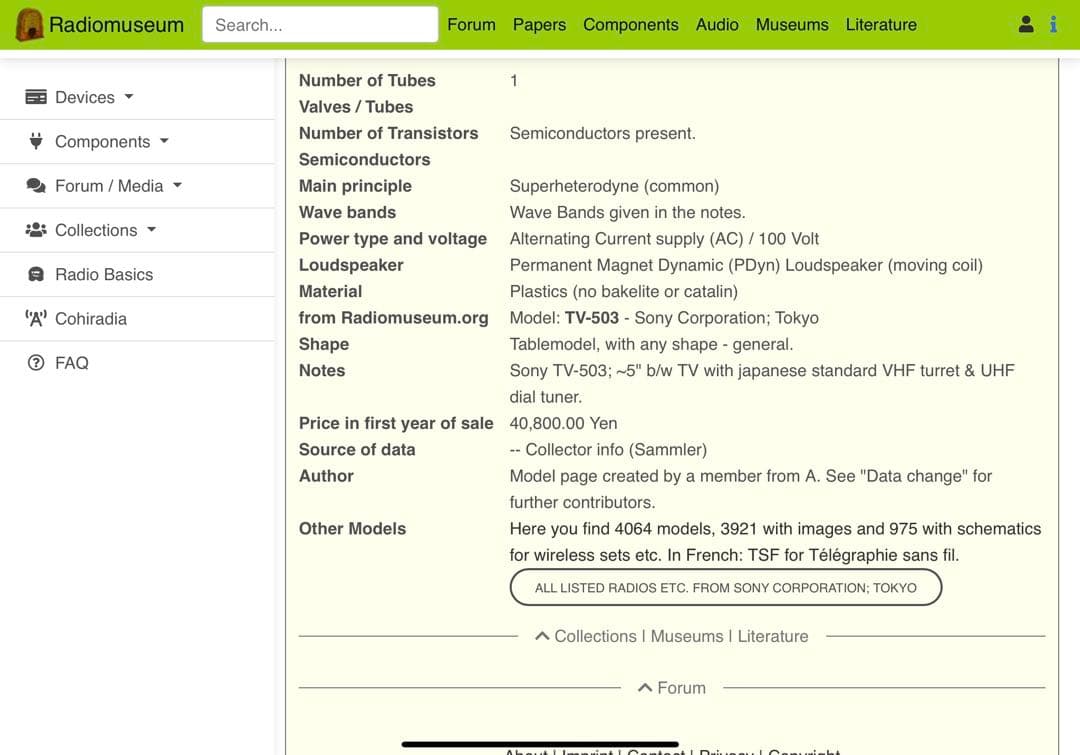 貴重 レトロ　SONY TV-503　海外Radiomuseumコレクション品