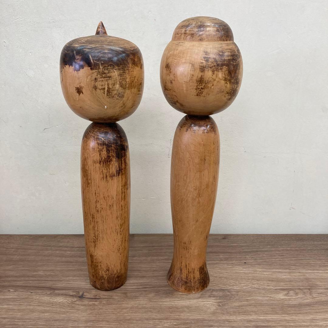 D-3 【味のある経年美】伝統工芸 木製 こけし 2体セット 素地 木地山