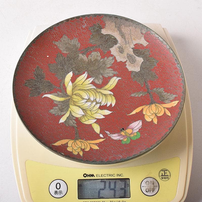 中国　古七宝琺瑯彩　花蝶文盤　皿　V　R8772