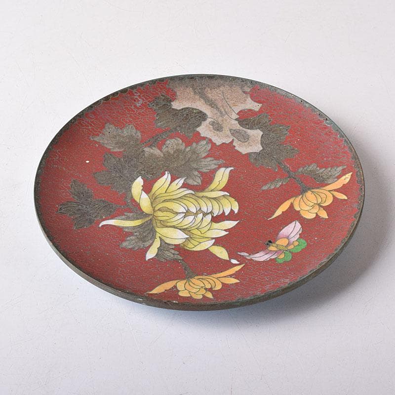 中国　古七宝琺瑯彩　花蝶文盤　皿　V　R8772