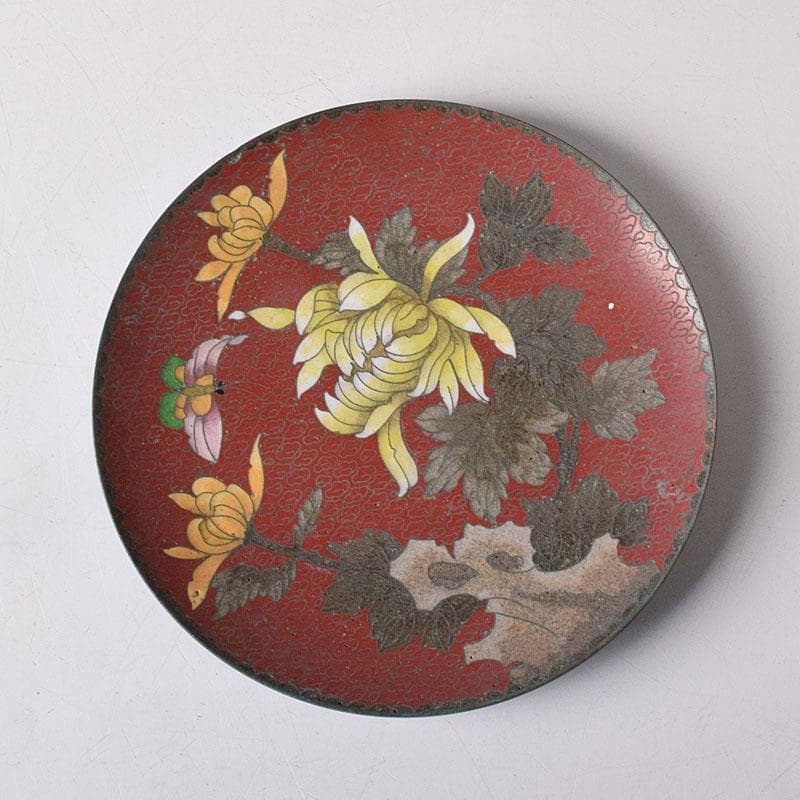 中国　古七宝琺瑯彩　花蝶文盤　皿　V　R8772