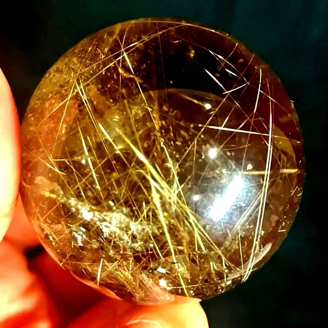 42mm ゴールドルチルクォーツ　丸玉　スフィア　金針水晶