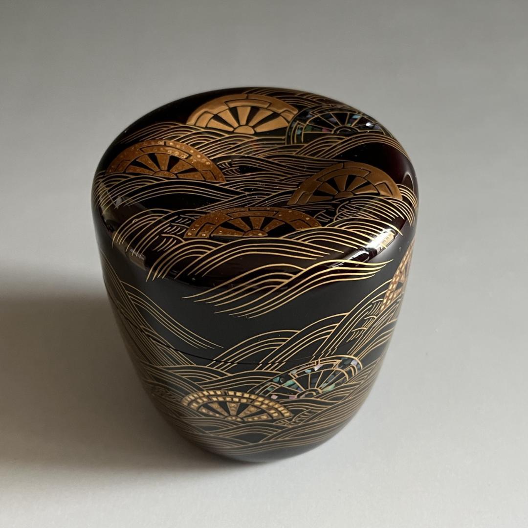 蒔絵師　岡本康光　波車蒔絵　竹大棗　茶道具　薄茶器