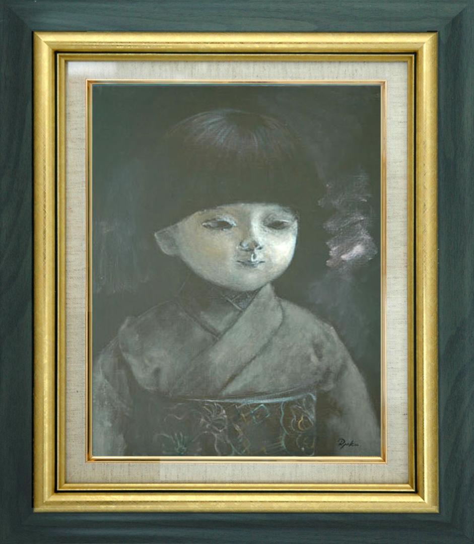 油絵 菅家令子 絵 絵画インテリア額付(青緑＋金色枠)F6-080118市松人形