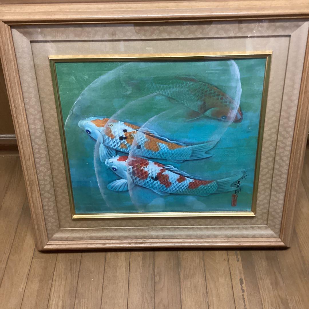 六代目　歌川豊国作　【　遊鯉図　】　木枠額装　日本画手描き板画