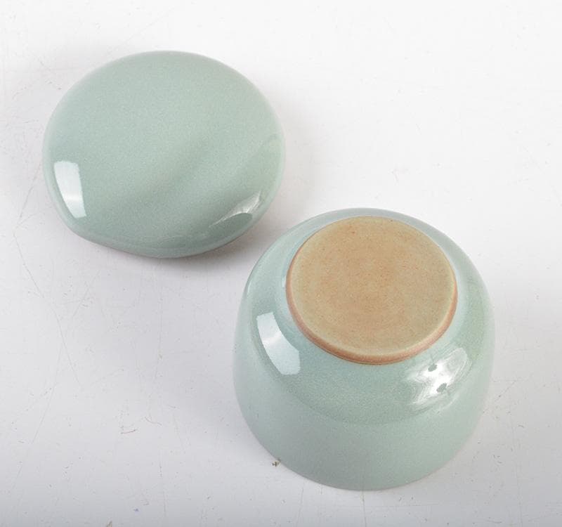 茶道具　三代　諏訪蘇山作　青磁　桃香合　表千家堀内宗完兼中斎極め箱C　R5102