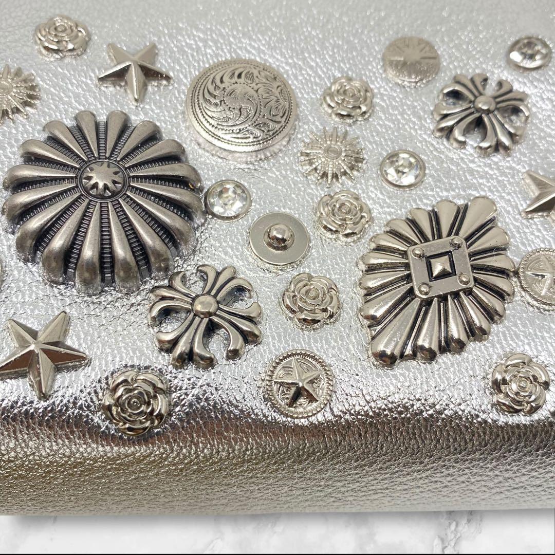 未使用 perche ペルケ マルチスタッズがま口二つ折りウォレット シルバー