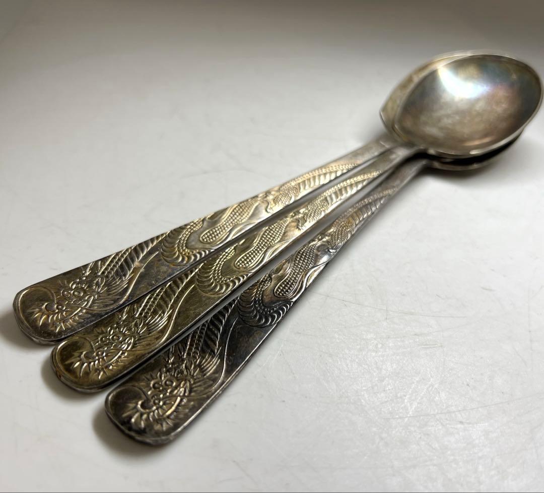 中国古玩　シャム銀　大さじ3点　317g/24.5㎝　東Y7-0630②