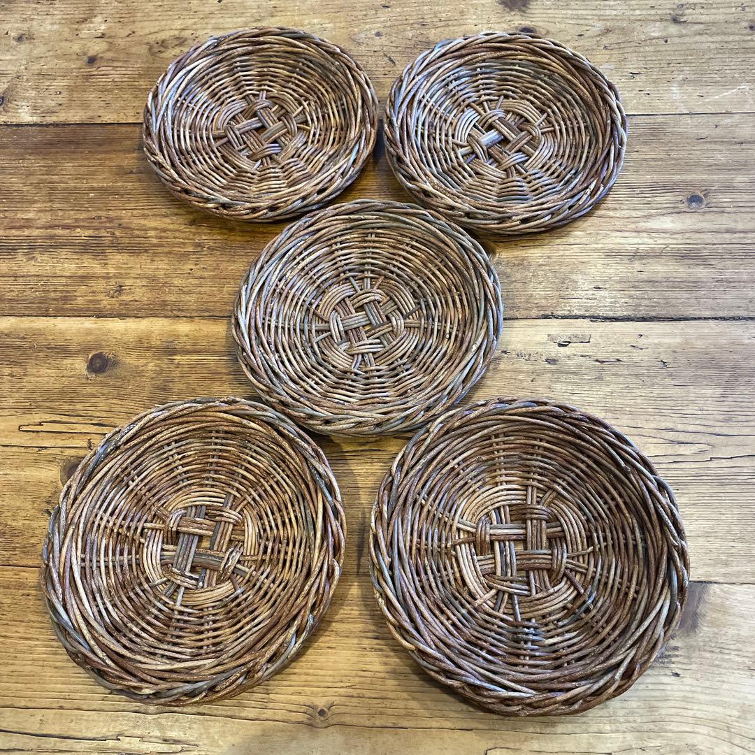 あけび編みプレート工芸品15㎝5枚セット　茶托工芸品蔓あけびかご菓子器銘々皿茶席