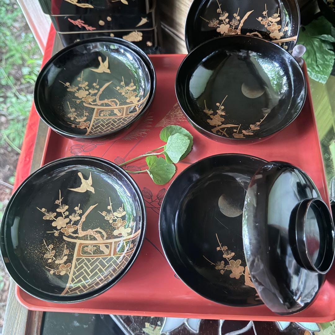 2182様感謝‼️JAPAN明治伏せ蒔絵天然木秘するが花‼️梅に鶯＆月　吸物椀 5客