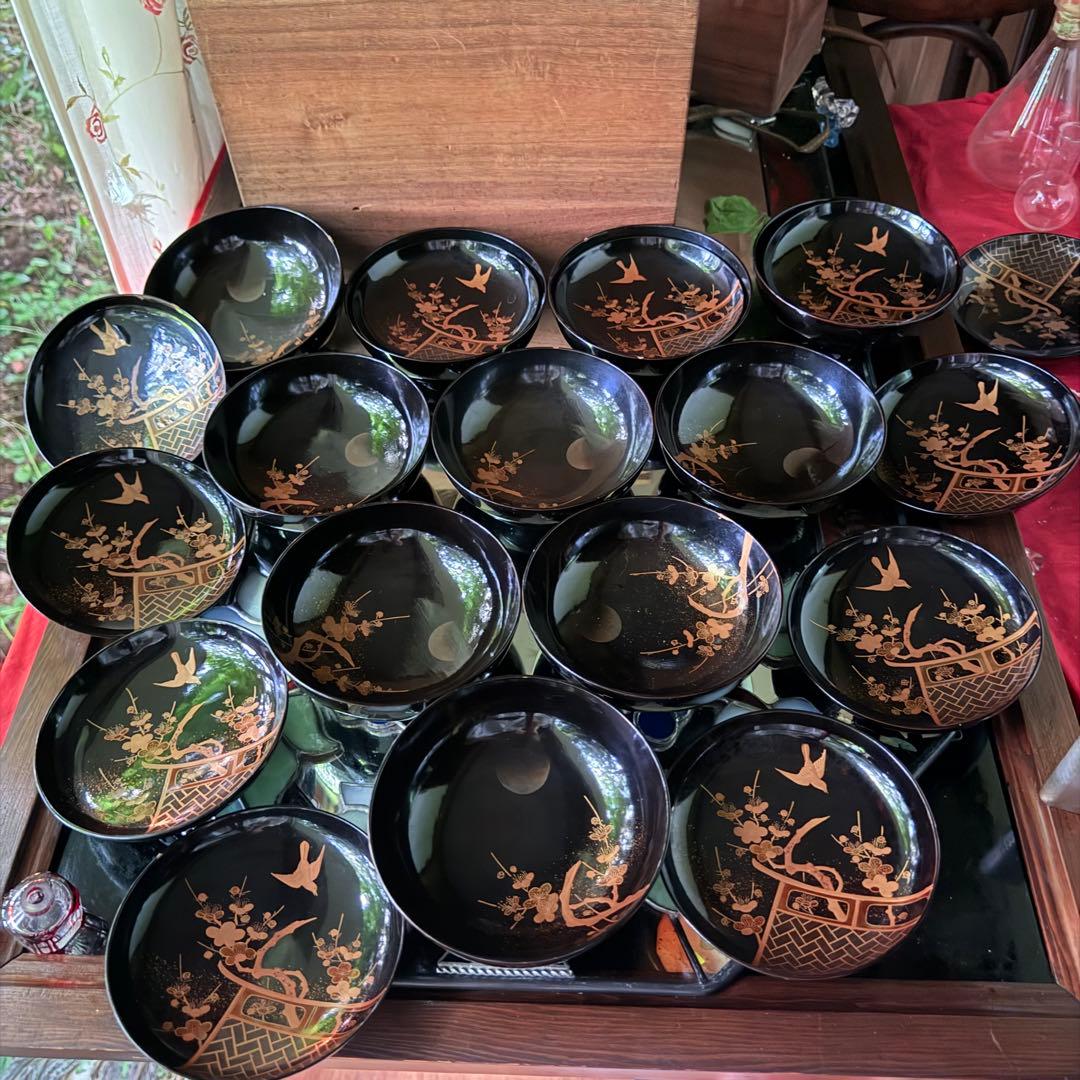 2182様感謝‼️JAPAN明治伏せ蒔絵天然木秘するが花‼️梅に鶯＆月　吸物椀 5客
