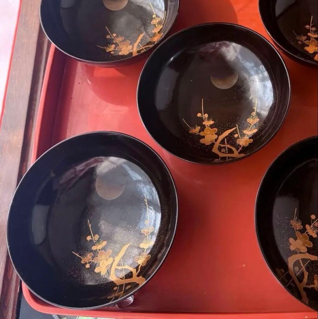 2182様感謝‼️JAPAN明治伏せ蒔絵天然木秘するが花‼️梅に鶯＆月　吸物椀 5客