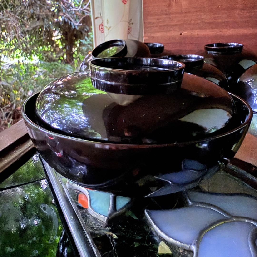 2182様感謝‼️JAPAN明治伏せ蒔絵天然木秘するが花‼️梅に鶯＆月　吸物椀 5客