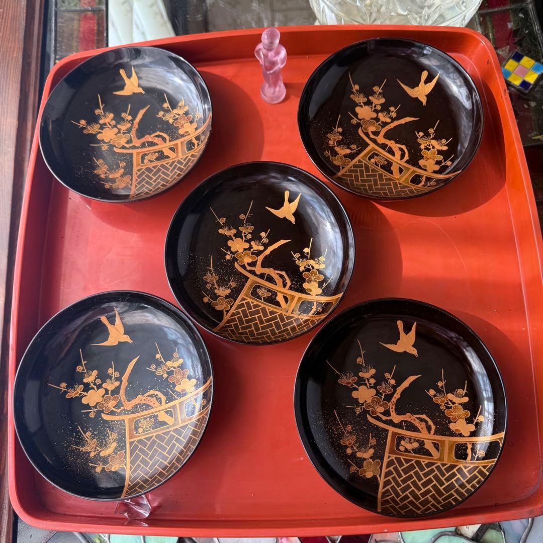 2182様感謝‼️JAPAN明治伏せ蒔絵天然木秘するが花‼️梅に鶯＆月　吸物椀 5客