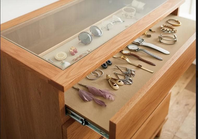 ナチュラルウッド 4段チェスト ガラス天板付き