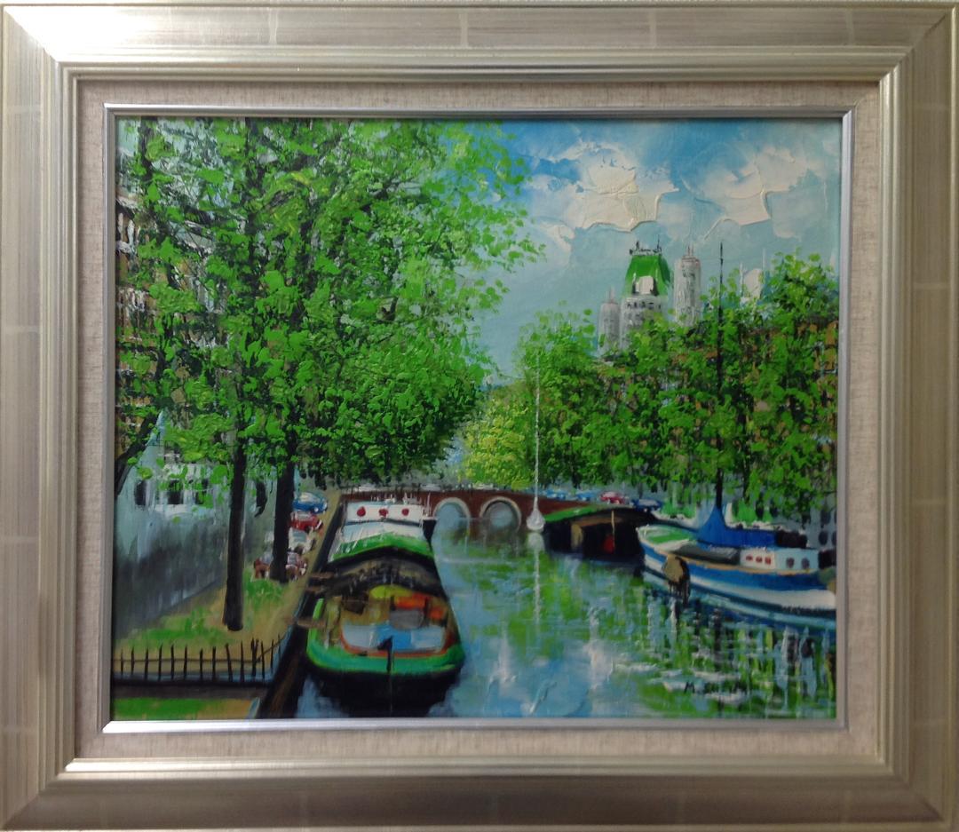 絵画 肉筆油絵 作者不詳 風景画 運河のある風景