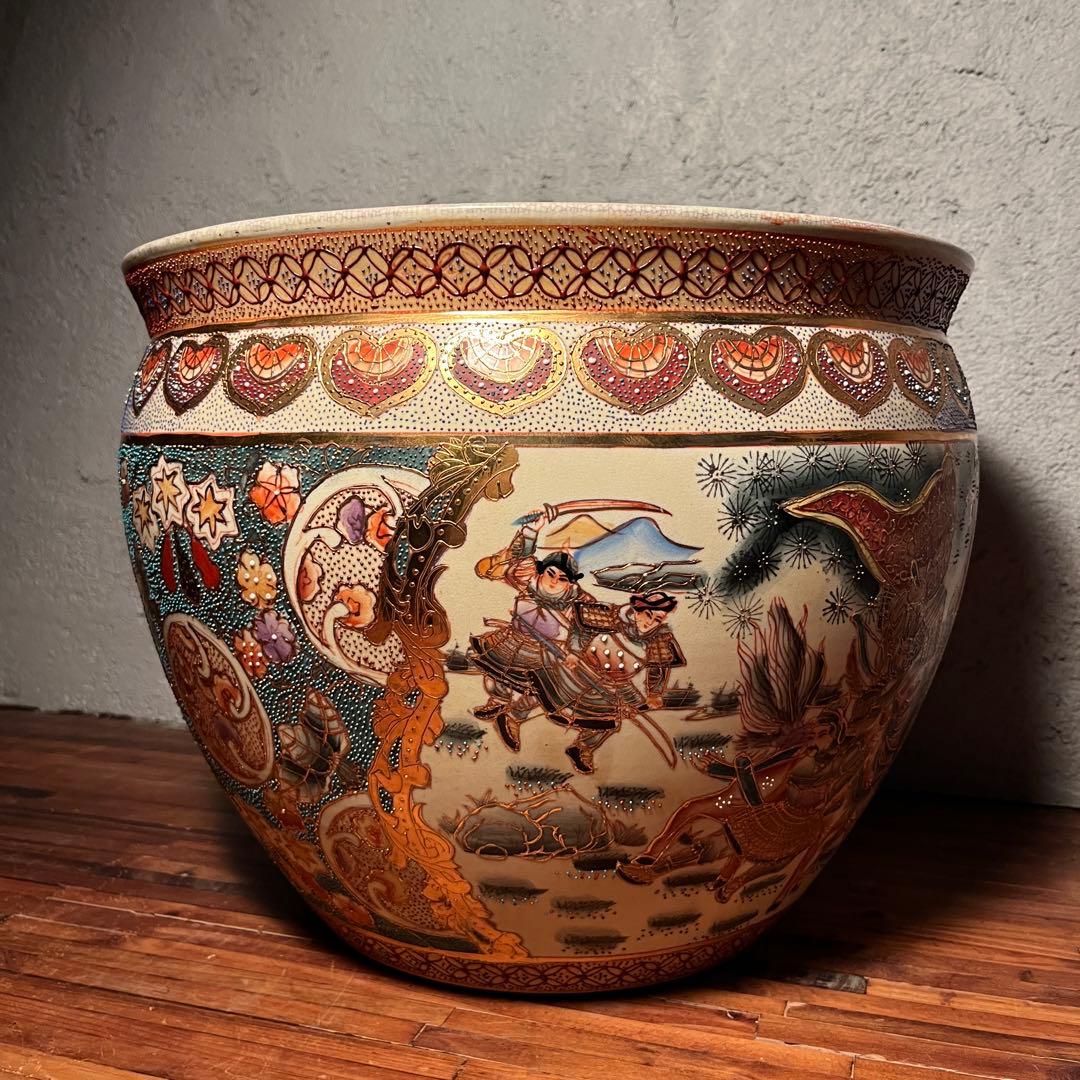 【豪華絢爛】武者絵 金魚鉢 武将・馬・金魚図 大型陶器 水鉢／火鉢／インテリア