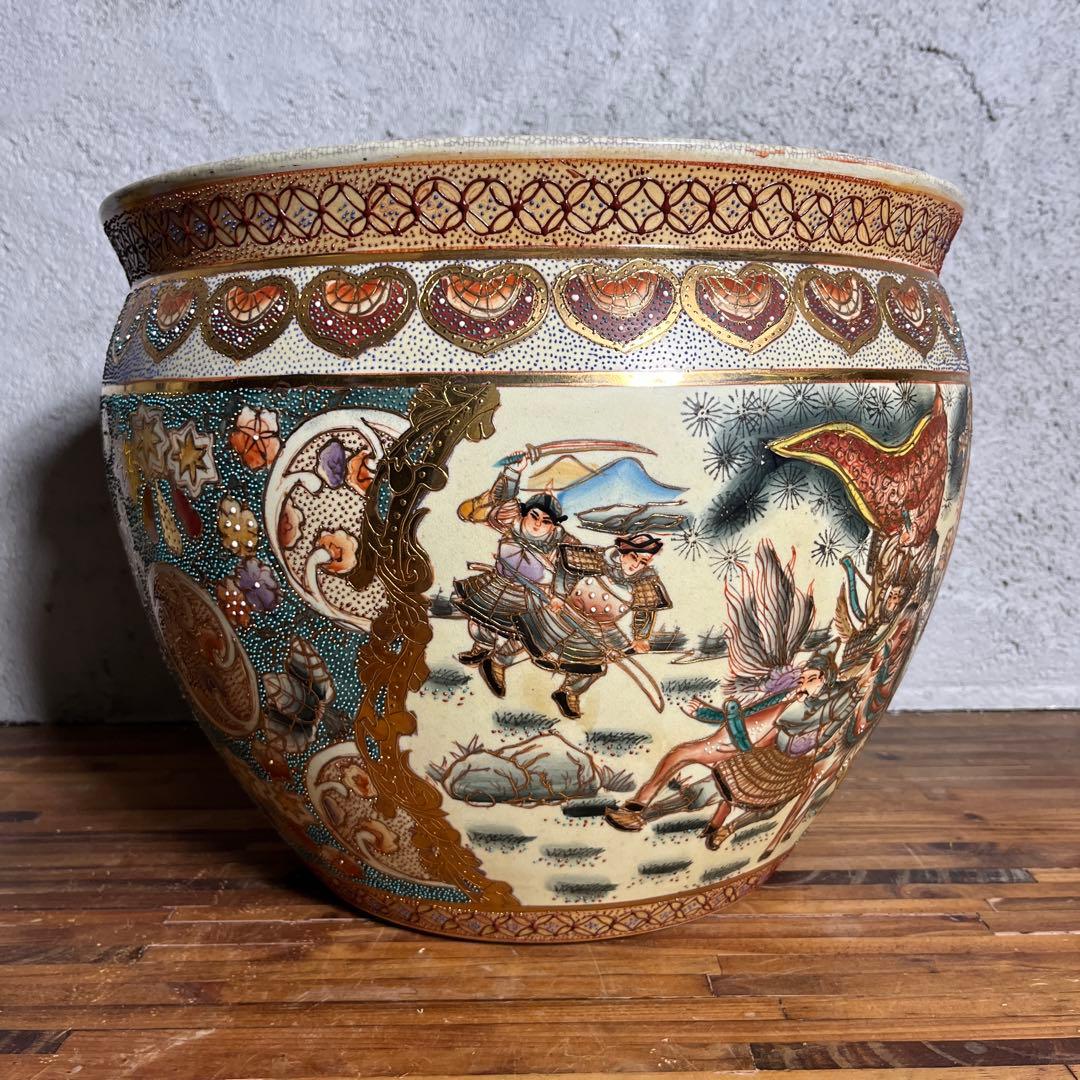 【豪華絢爛】武者絵 金魚鉢 武将・馬・金魚図 大型陶器 水鉢／火鉢／インテリア