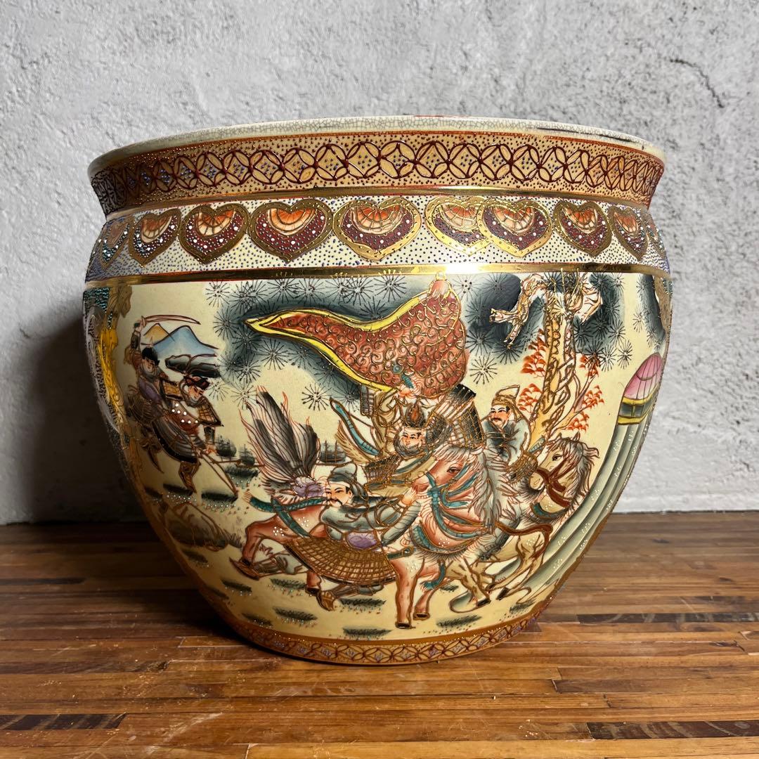 【豪華絢爛】武者絵 金魚鉢 武将・馬・金魚図 大型陶器 水鉢／火鉢／インテリア