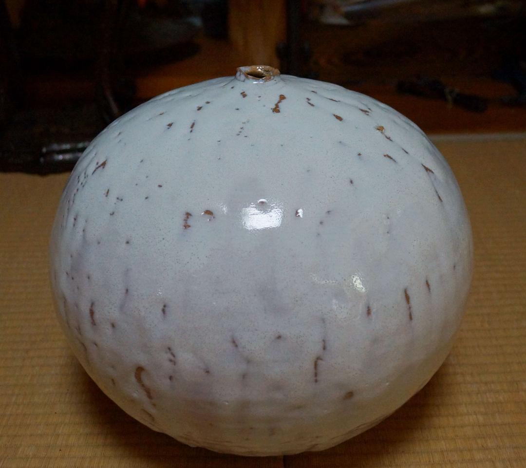 萩焼 大型白釉大壺 造形花立 鬼萩花瓶 飾壺 重さ6.3㎏