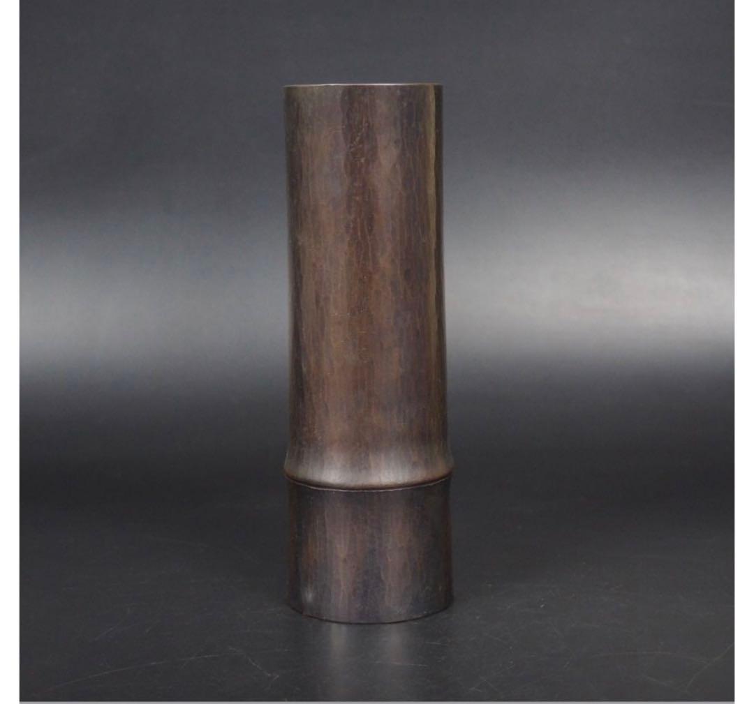 送料無料　松栄堂製　鎚起銅器　竹形花入れ　共箱・黄布　茶道具　希少品