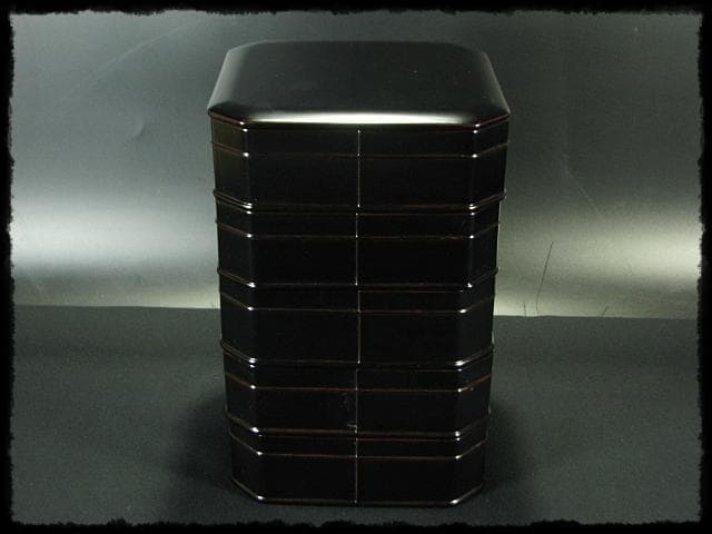 京塗名工 岡田 表寛 利休形 縁高 黒真塗 五重 菓子器 茶道具 共箱 g1