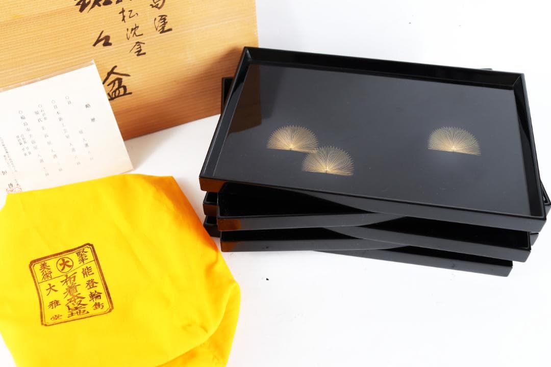 輪島塗 東恒博 寿松沈金 銘々盆 五枚 美品 共箱 茶道具懐石道具会席