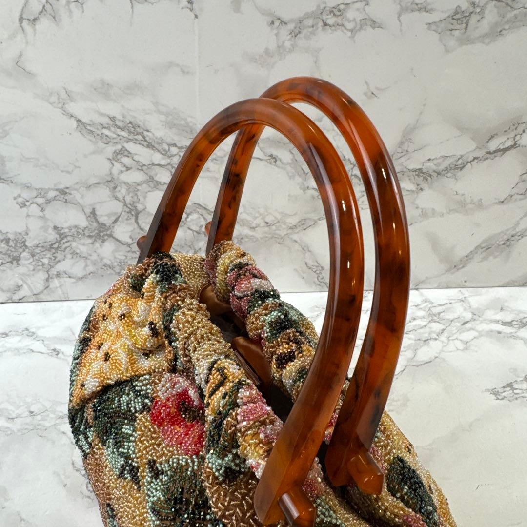 ノーブランド 花柄 ビーズ刺繍×鼈甲ハンドル アンティーク 和装ハンドバッグ