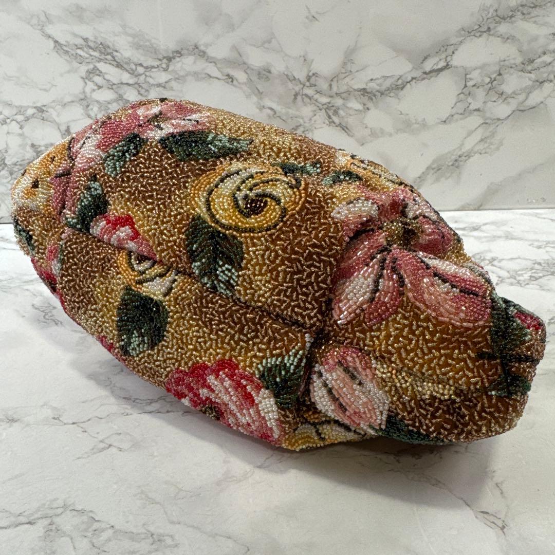ノーブランド 花柄 ビーズ刺繍×鼈甲ハンドル アンティーク 和装ハンドバッグ