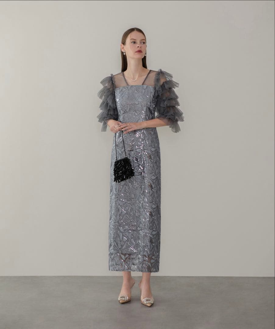 LEJA チュールフリルスリーブスパンコールIラインワンピースドレス