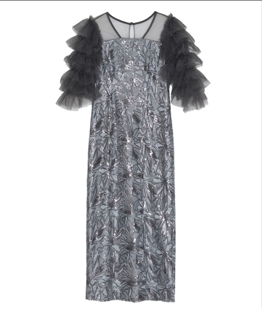 LEJA チュールフリルスリーブスパンコールIラインワンピースドレス