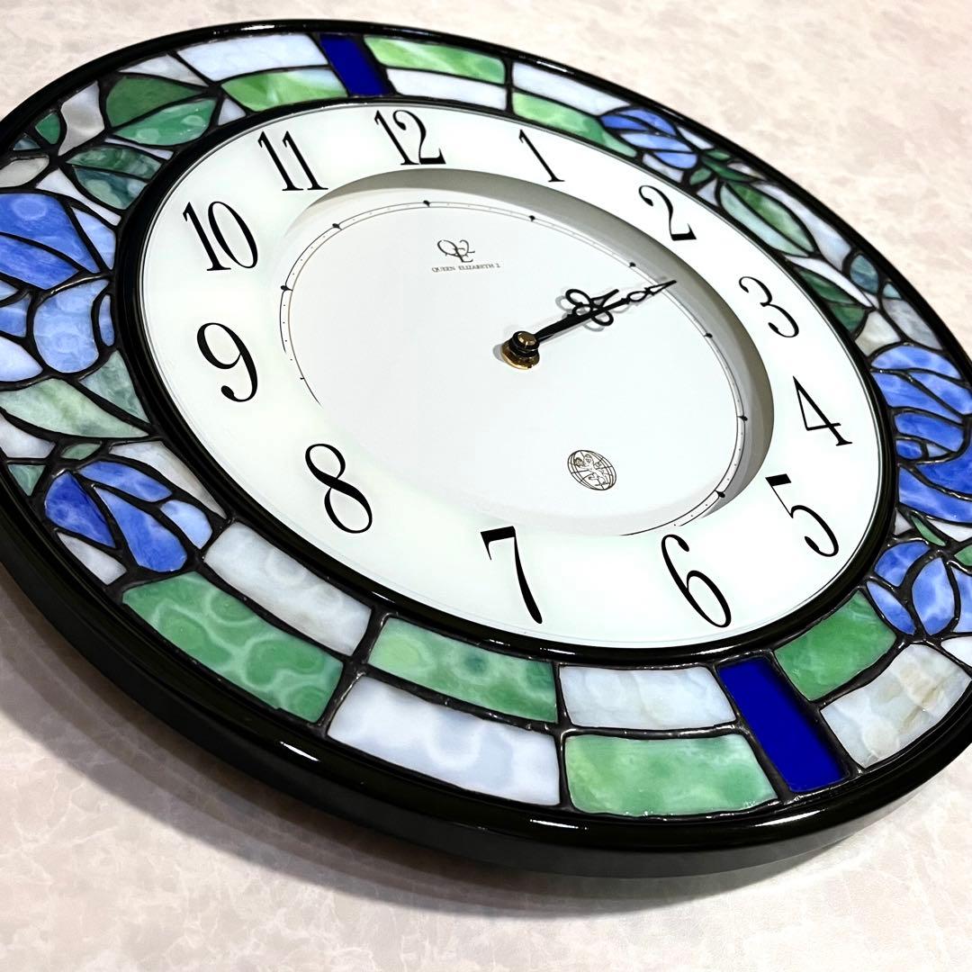【新品】クイーン エリザベス2 ステンドグラス掛け時計　花時計